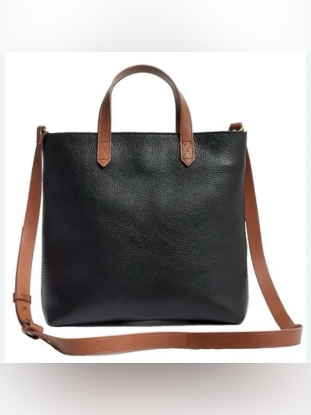 Madewell Zip-Top Transport Crossbody Black Leather Brown Strap Tote